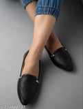 Synthetic ballerinas, black with textured design and cushioned footbed. Slip-on Wooker Women shoes for daily wear in various sizes (IND-3 to IND-8), made in India