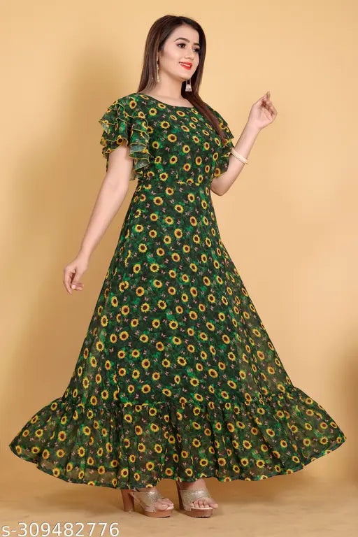 Women's long Georgette kurti with digital sunflower print, short sleeves, and yellow thread detailing. Full flared Gheri & anarkali style with heavy American crape lining. Sizes available from XS to 6XL