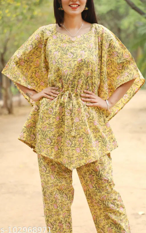 Pure cotton kaftan and pajama night suit set with Sanganeri prints, ideal for girls and women's summer comfort wear