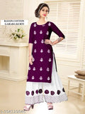Purple acrylic A-line fit kurti with white cotton blend sharara bottoms, embroidered net detailing, three-quarter sleeves. Stitched set for women's wear, ideal for parties in India