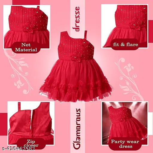 Pink net one-shoulder party dress, embellished knee-length net for baby girls aged 2-3 years, India origin