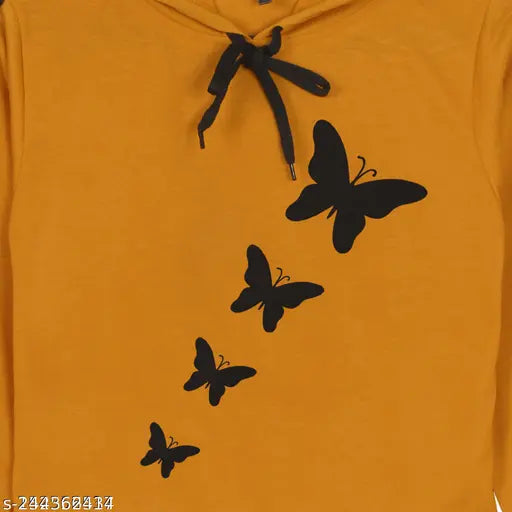 Mustard cotton blend butterfly-printed ladies/girls long sleeve crop hoodie, women's graphic print crop sweatshirt from India
