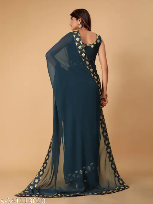 Golden Georgette embroidery lace saree with banarasi silk blouse, Indian fashion accessory on mannequin