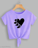 Lavender knot crop top 5 heart printed lycra, short-sleeved women's fashion apparel