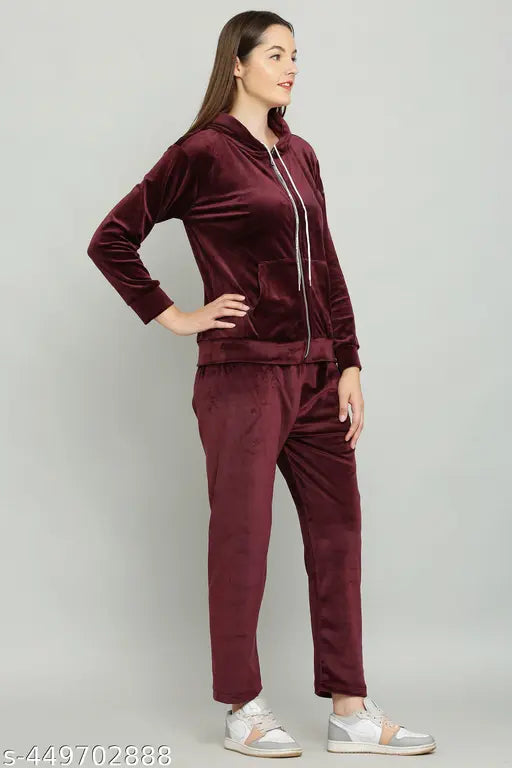 Women's cotton blend track suit in wine color, long sleeves, size M, M-XL available, displayed on mannequin