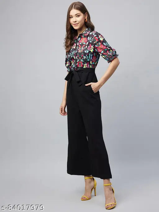 Black denim printed net collar jumpsuit for women, StyleStone polyester color-blocked fashion