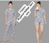 Grey printed net 3-piece t-shirt, pyjama, and nikkart set for women or girls - Made in India