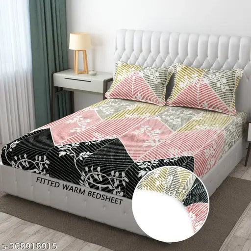 Indian-made, 200 TC Winter Collection, double king size, elastic fitted, woolen velvet bedsheet & 2 pillow covers (72*78 inches), fits up to 8" mattress. Luxurious, botanical print bedding for winter