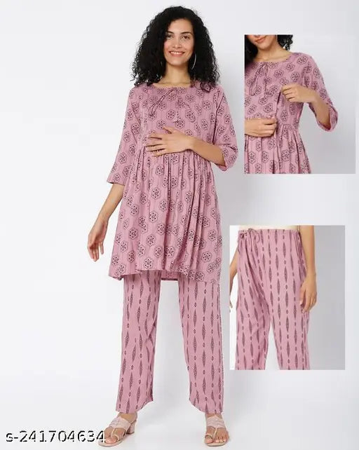 Rayon maternity night suit for women and girls (top & bottom), printed net pyjamas with invisible zip, double protection, breathable, comfortable, made in India