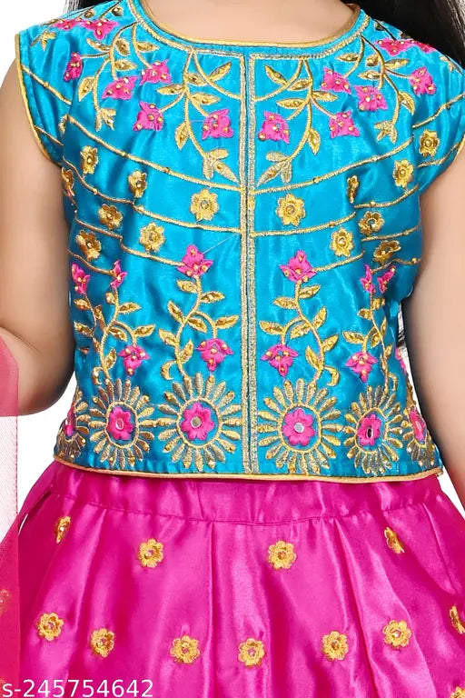 Embroidered cotton cambric lehenga choli for kids (3-12 years), featuring chiffon dupatta and net sleeves, perfect for parties or playtime. Made in India