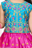 Embroidered cotton cambric lehenga choli for kids (3-12 years), featuring chiffon dupatta and net sleeves, perfect for parties or playtime. Made in India