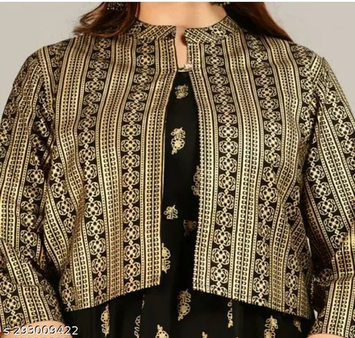 Black rayon printed anarkali kurta and jacket set, three-quarter sleeves, Indian women's fashion accessory on display