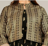 Black rayon printed anarkali kurta and jacket set, three-quarter sleeves, Indian women's fashion accessory on display
