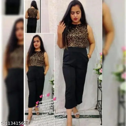 Trendy golden sequin jumpsuit for girls and women, cotton blend, sleeveless party wear dress