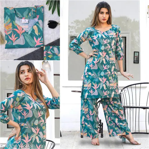 Cotton printed net kurta set with palazzos, stylish women's casual wear on low cost, Indian origin