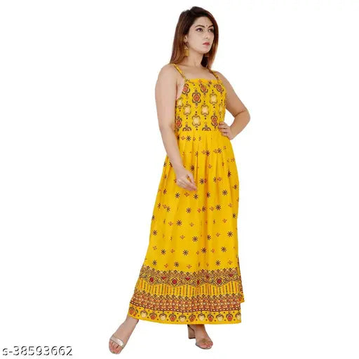 Mustard rayon sleeveless gown-kurta, soft and washable, Indian print design