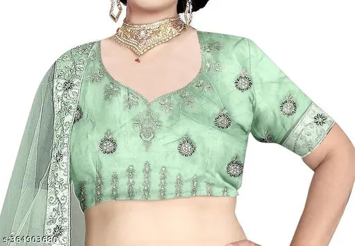 Heavy wedding lehenga choli set with floral embroidered dupatta and blouse, free size, net fabric, Indian origin