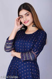 Blue rayon embroidered kurti with three-quarter sleeves and printed pattern, ideal for Indian summer fashion