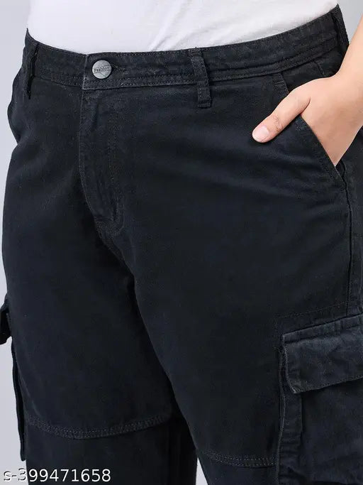 Black plus size relaxed fit high rise cargos with cargo pockets and flaps, women's cotton net, versatile vacation wear or casual outings, India origin