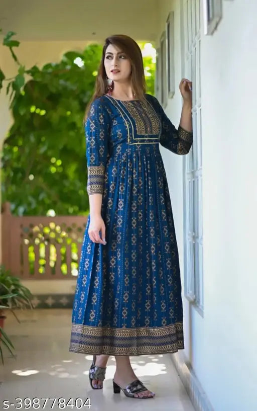 Rayon three-quarter sleeve T-BLUE top with printed combo, ideal for sizes S to XXXL