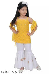 Navy blue embellished rayon palazzo kurta set with long sleeves and belt design, suitable for girls aged 2-7 years. Indian-made traditional clothing