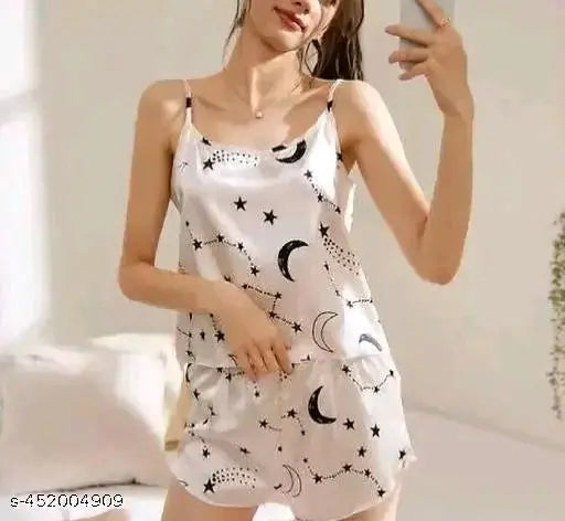 White lace and poly silk Pushbella baby doll nighty set with graphic print T-shirt & shorts, India origin