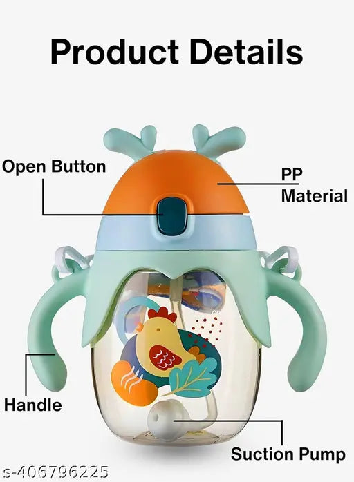 Multicolor kid's antler-design portable water bottle with handle (350 ml), leak-proof and BIS/ISI certified, featuring fun animal designs, easy to clean, and durable build, perfect for kindergarten kids and gifting solutions