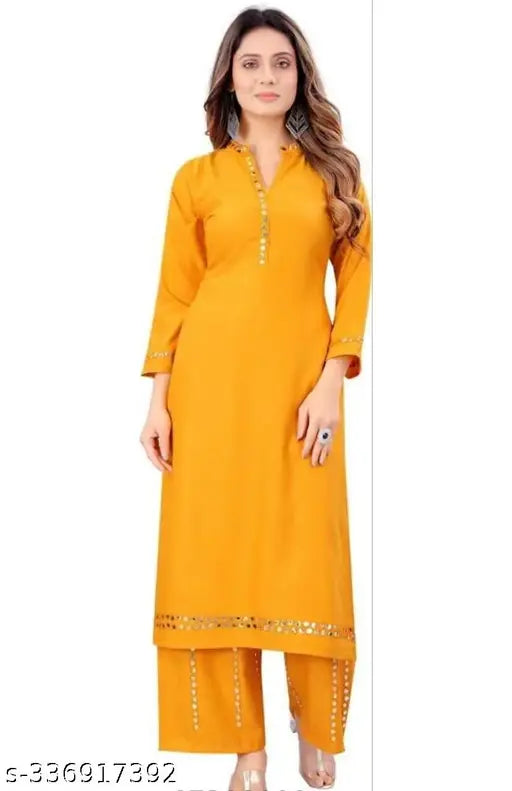Rayon Myra Kurta set with palazzos, solid net design, three-quarter sleeves, Indian ethnic wear