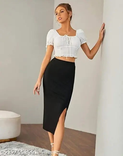 Black cotton blend pencil skirt for women, trendy and stylish for office wear or romantic dates