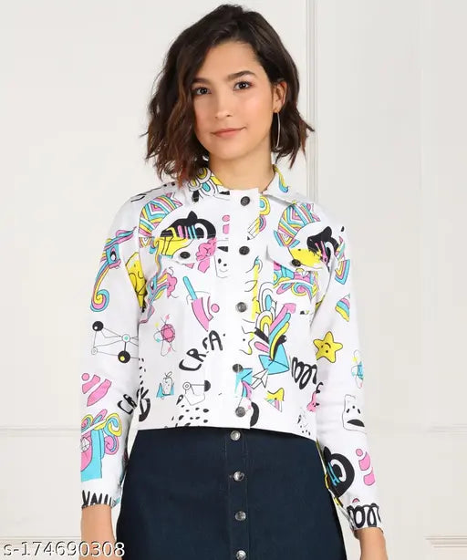 White printed cotton denim jacket with long sleeves, ideal for casual or party wear