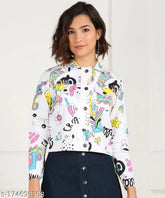 White printed cotton denim jacket with long sleeves, ideal for casual or party wear