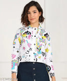 White printed cotton denim jacket with long sleeves, ideal for casual or party wear