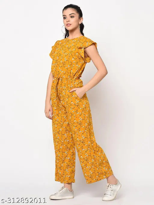 Yellow printed trending jumpsuit, polyester, sleeveless, mustard print, fashionable culotte style from India