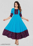 Blue Rayon Anarkali Kurti, fashionable three-quarter sleeve design, printed combo, size S to XXXL