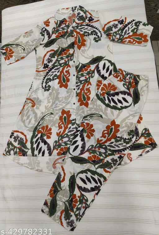 Pure cotton coord set (keri), elegant floral print kurta and pants for women, three-quarter sleeve Anarkali dress with trending design