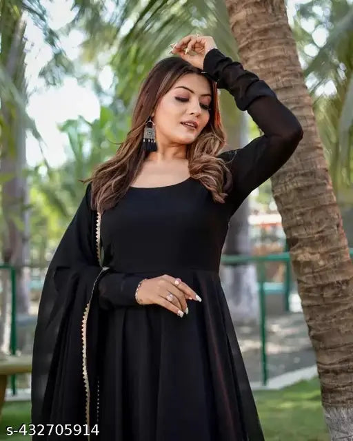 Black georgette long anarkali dress with dupatta, traditional Indian ethnic attire for women's wedding or partywear