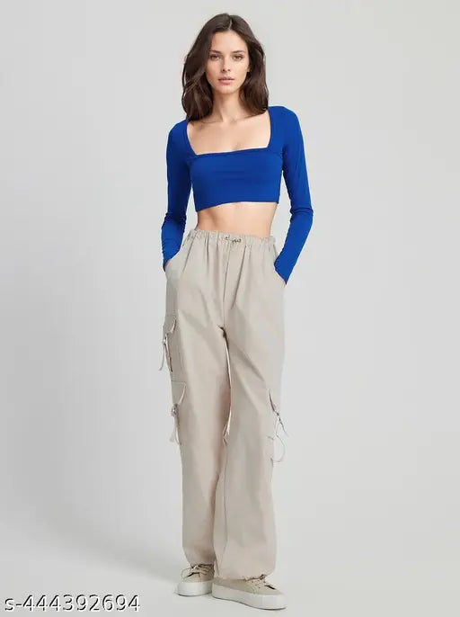 Trendy elegant women's lycra long-sleeve solid t-shirt, S (36in bust, 18in length), India-made fashion apparel