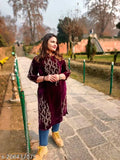 Wine velvet embroidered kurti, three-quarter sleeves, side slits, trendy winter wear, India origin