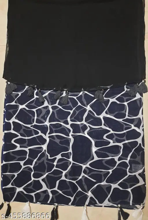 Fancy floral print, premium quality poly chiffon scarves with pearls and tassels for women - black plain pack of 2, Indian origin, versatile fashion accessory