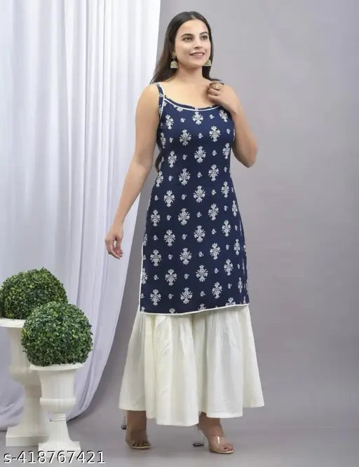 Printed cotton sharara set with palazzos, sleeveless, single quantity, trendy Indian fashion on model