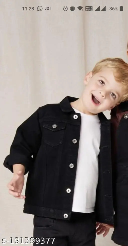 Dark black wash denim jacket, long sleeves, solid pattern, children's clothing from India
