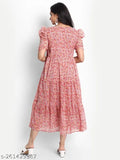 Pink chiffon floral print tiered ruffle midi dress for women, off-shoulder style with short sleeves