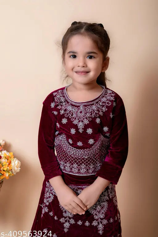Velvet and silk embroidered kids' Lehenga Choli set with three-quarter sleeves, Indian traditional attire for girls aged 6 months to 15 years