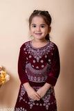 Velvet and silk embroidered kids' Lehenga Choli set with three-quarter sleeves, Indian traditional attire for girls aged 6 months to 15 years