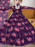 Georgette printed wine gown with inner crepe and dupatta, adjustable belt. Women's partywear for various occasions." (104 characters)