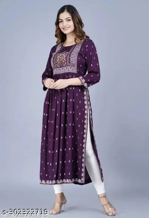 Purple Rayon Printed Ethnic Naira Cut Kurta S-36, M-38, L-40 - Vibrant, trendy women's kurta with three-quarter sleeves, perfect for parties or daily wear