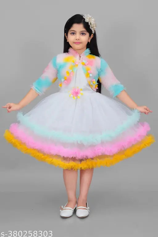 Multicolor net, three-quarter sleeve girls' festive/wedding dress by Jhilik Garments for parties and special occasions (1-2 years to 8-9 years)