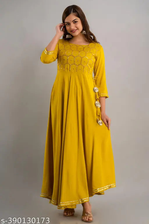 Indian viscose rayon kurta, embroidered flared round neck with 3/4 sleeves and ankle length