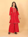 Premium rayon Panvels Printed kurta with Sharara Set, exquisite foil print work on wine-colored fabric