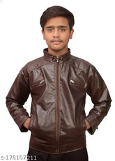 Brown faux leather long sleeve jacket for kids, waterproof and perfect winterwear for boys